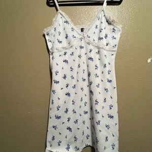 Divided White Slip Dress with Blue Floral Print and Lace Trim